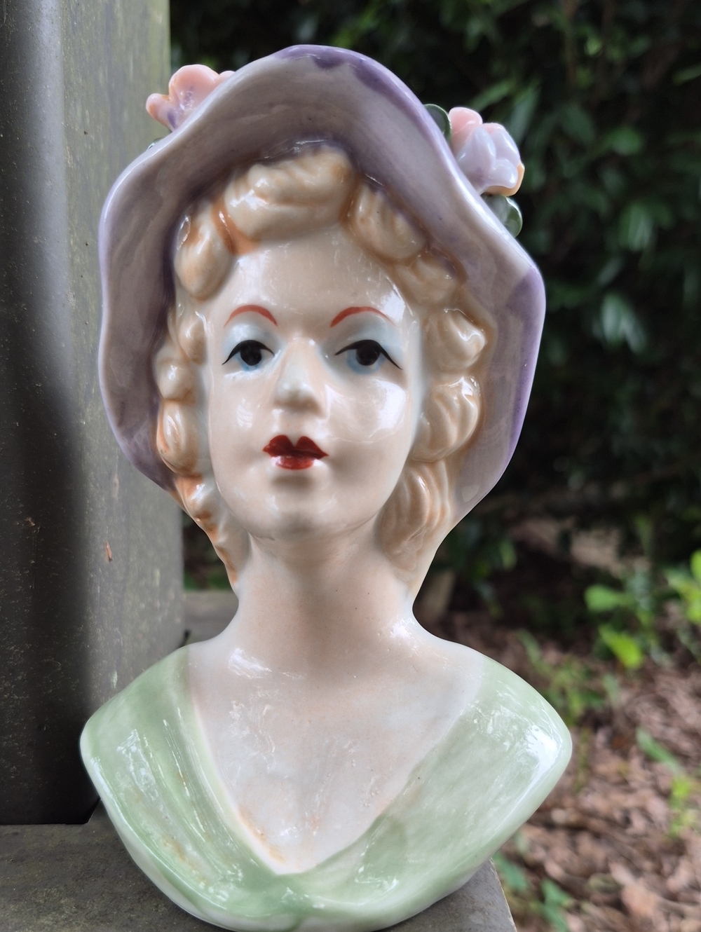 Porcelain Lady Head vase with Lavender Hat and Pale Green Dress